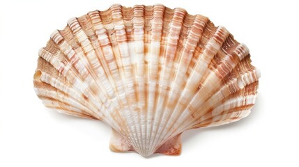 Stunning scallop seashell on a white background, showcasing intricate patterns. Perfect marine decor, evoking beach memories