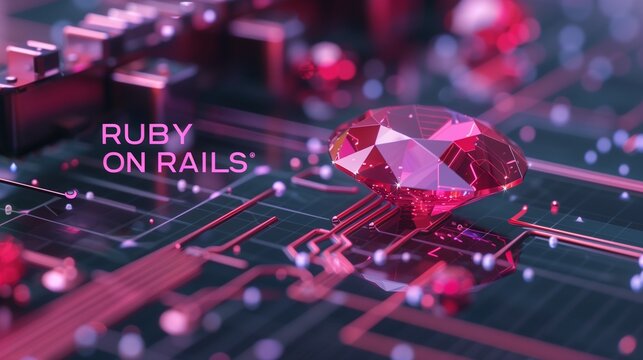 Ruby on Rails programming concept featuring a ruby stone on a microchip, symbolizing the integration of the Ruby language with web development technology.