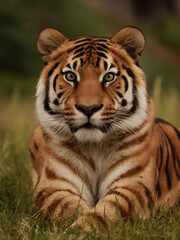 a focused tiger observing its prey against a grassland background