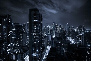 Black and white cityscape at night, showcasing the glowing windows of skyscrapers