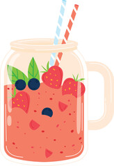 Smoothie clear mason jar, fresh fruits visible. Red blue straws, strawberry smoothie vector graphic. Healthy beverage, fruit chunks, leaves detail