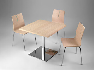 Square wooden coffee table with chairs, on a neutral background