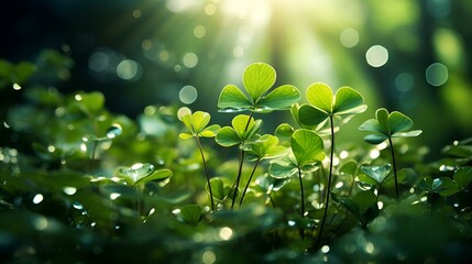 Green leaves glistening in sunlight, adorned with water droplets. A refreshing sight of nature's beauty.

