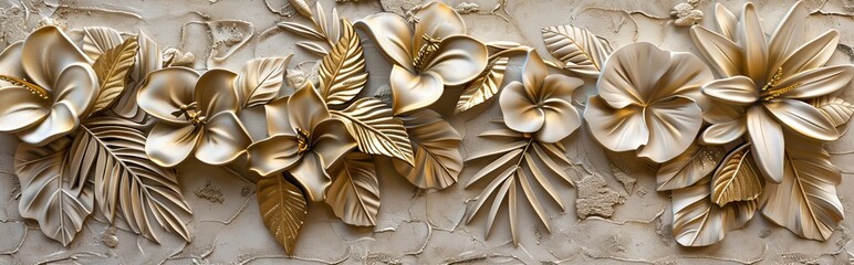 Gold floral plants and palm leaves Wallpaper Mural, 3d illustration, grey background, abstract tropical leaves, banana leaves with 3d lines. AI generated illustration