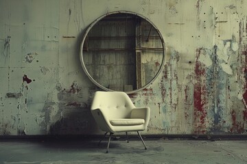 Photo of a white chair reflected in a circular mirror