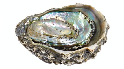 Iridescent abalone shell, empty and shimmering with mother of pearl textures, set against a pristine white background. Ideal for seafood-themed designs