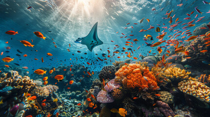A vibrant coral reef underwater, showcasing a diverse array of colorful fish, corals, and a gliding manta ray under sunlight.