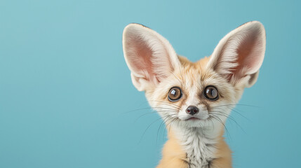 Fennec fox with big eyes isolated on blue background, funny animal expression, cute and surprised face, Animal photography