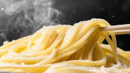 A collection of warm yellow noodles being lifted using chopsticks on a foggy black background