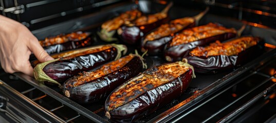 Woman taking out freshly roasted eggplants from the oven for a tasty meal preparation
