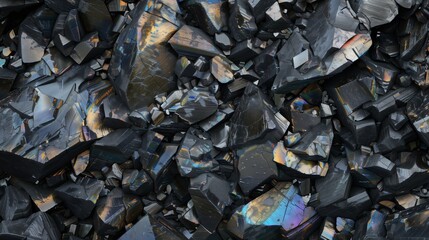 Black rocky surface with iridescent reflections. Black titanium, tourmaline, hematite sample. Bright, full-screen rocky background.