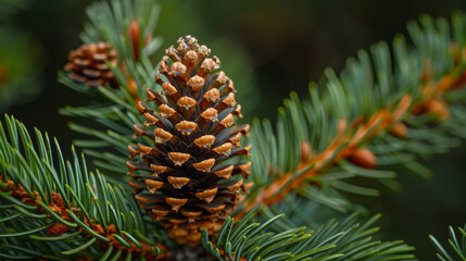 Fototapeta premium Detailed close-up of a pine cone nestled on the branch of an evergreen tree, highlighting its texture and natural beauty.