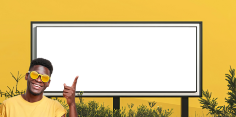 Happy young black man in sunglasses pointing at a billboard with a blank PNG field for an advertisement yellow background