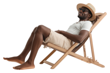 PNG Photo of black man lay on beach chair sunbathing furniture sitting.
