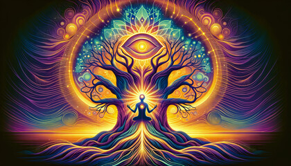 Fototapeta premium Mystical Figure in Meditation with Glowing Third Eye and Tree of Life