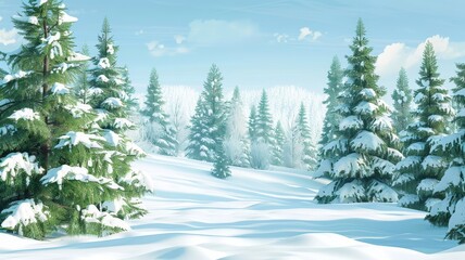 Fresh snow blankets the ground and trees, creating a pristine winter scene. The clear sky adds a touch of magic to the landscape.