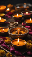 Obraz premium Beautifully Lit Diyas with Flowers and Petals Celebrating Diwali in a Traditional Indian Setting