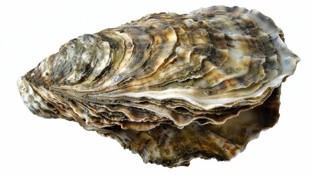 Oyster shell is laying on a white background, showing off the intricate layers and textures of its growth rings
