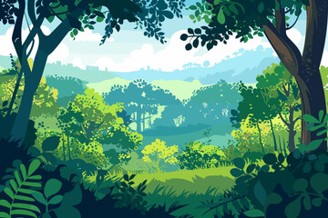 Deep green forest landscape with lush pants, grass and trees © The Illustraitor