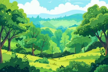 Gardinen Deep green forest landscape with lush pants, grass and trees © The Illustraitor
