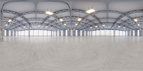 Full spherical hdri panorama 360 degrees of empty exhibition space. backdrop for exhibitions and events. Tile floor. Marketing mock up. 3D render illustration	