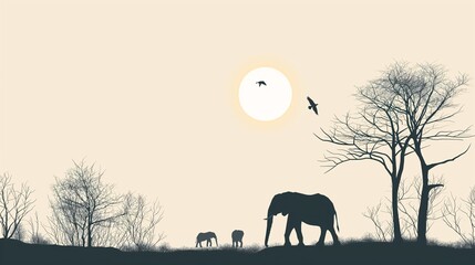 Silhouette of elephants and trees against the setting sun in a serene natural landscape, birds flying in the sky.