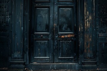 Closeup of old dark blue double doors with a distressed texture