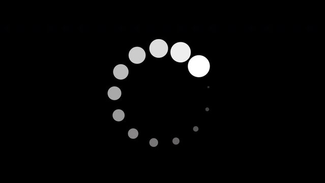 Loading, buffering white dotted circle animation on black background. Fit for tint or alpha layer. Seamless loop video of rotating, spinning circle for signal, data, video stream, transfer technology