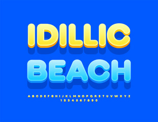 Vector advertising flyer Idyllic Beach. Sunny Yellow 3D Font. Cute Alphabet Letters and Numbers set.
