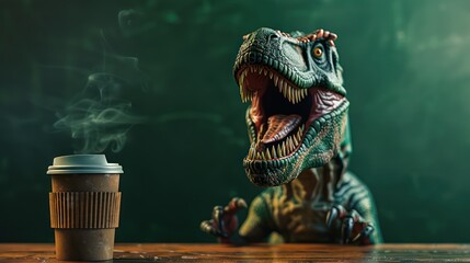 Angry dinosaur with cup of coffee gives lectures to students, tyronosaurus near green chalkboard. Generative AI
