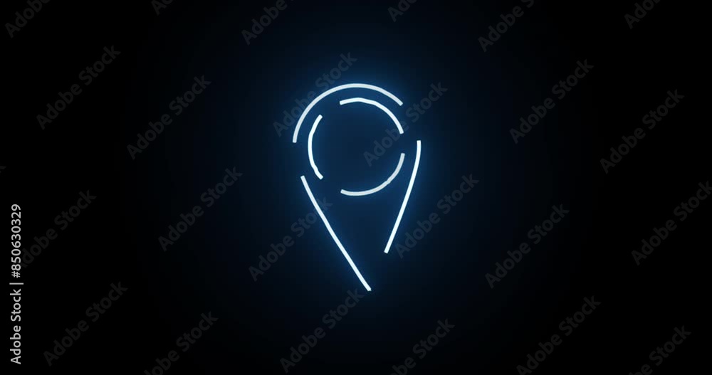 Aufkleber Neon light, location and icon with motion of animation or pin point on a black background. Abstract sign, symbol or direction with glow, outline or loop of marking, lines and circle for destination
