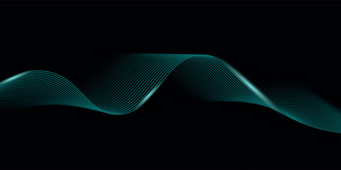 Dotted wavy line pattern vector illustration. Abstract blue wave flow isolated on black background