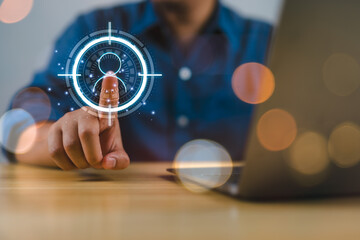 Businessman touching to human with focus icon for human development recruitment and customer focus concept.