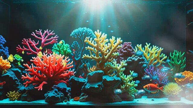aquarium landscape with coral reef, seamless looping virtual 4k video animation background.