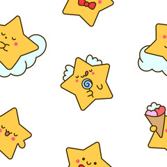 Cute kawaii stars character with different happy expression activity. Seamless pattern. Hand drawn style. Vector drawing. Design ornaments.