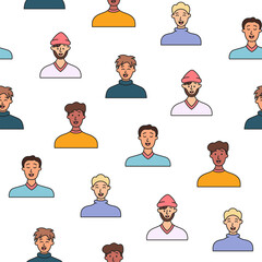 Men avatars. Seamless pattern. Portrait of casual male with different hairstyles and outfits. User profiles. Hand drawn style. Vector drawing. Design ornaments.