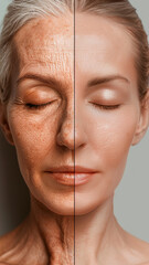 Close-up of a woman's face, split down the middle to compare one side young and the other aged, highlighting natural aging