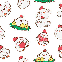 Cute kawaii chicken. Seamless pattern. Cartoon farm birds characters. Funny domestic animals. Hand drawn style. Vector drawing. Design ornaments.