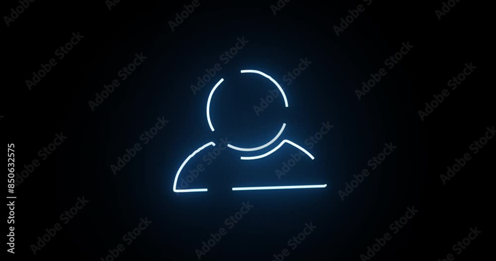 Poster Neon light, icon and profile with motion of line, animation or circle of shapes on a black background. Abstract sign, password or character with symbol, glow or design of user, outline or contact