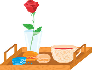 Wooden tray breakfast red rose. Cozy morning time single red flower elegant pastries. Breakfast setup wooden tray stylish bloom hot drink