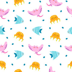 Cartoon aquatic animals. Seamless pattern. Fish characters underwater world. Marine life. Vector drawing. Design ornaments.