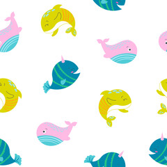 Cartoon aquatic animals. Seamless pattern. Fish characters underwater world. Marine life. Vector drawing. Design ornaments.