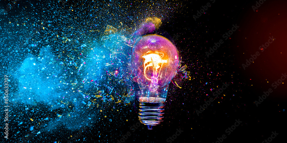 Aufkleber light bulb exploding with colorful powder, real photo