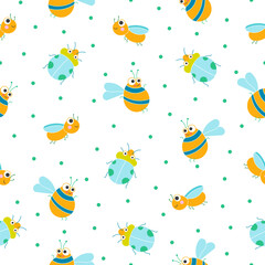 Cute insects cartoon characters. Seamless pattern. Funny small animals. Vector drawing. Design ornaments.