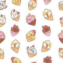 Cute kawaii ice cream characters. Seamless pattern. Cartoon sweet smiling dessert. Hand drawn style. Vector drawing. Design ornaments.