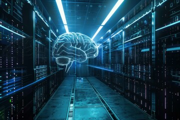 Conceptual image of a glowing brain symbolizing artificial intelligence in a server room
