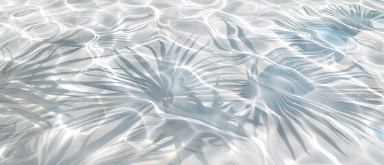 Elegant minimalist background concept featuring close-up water surface with gentle ripples and subtle blurred palm leaf shadows on the beach, evoking a peaceful, natural and pure atmosphere.