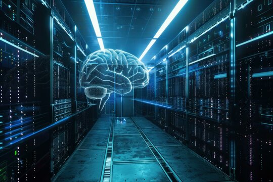Conceptual image of a glowing brain symbolizing artificial intelligence in a server room