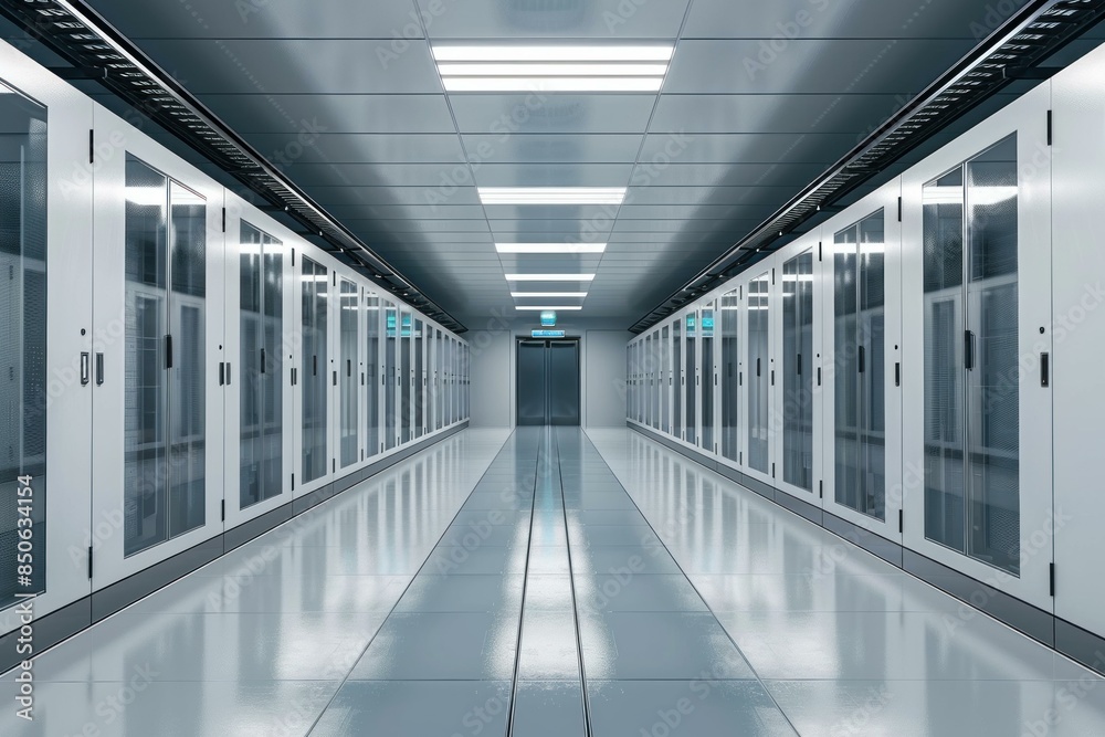 Poster sleek, symmetrical view of a data center with rows of server racks