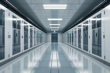 Sleek, symmetrical view of a data center with rows of server racks
